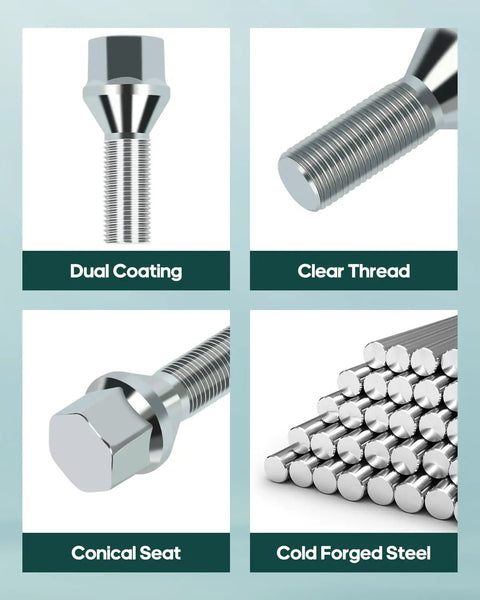 Close-up of 12x1.25 Wheel Lug Nuts Set showcasing dual coating, clear thread, conical seat, and cold forged steel durability.