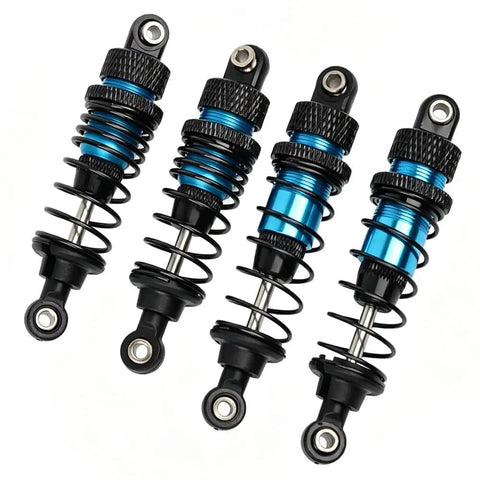 Beefed Up Aluminum Oil Filled RC Shocks 4 Piece Set For 1/12 1/14 1/16 Scale RC Cars Off Road Buggy Trucks With Smooth Damping Fits 144001 124019 124018 MJX SCY HBX Blue, showing four blue and black shocks with springs