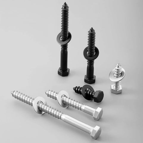Six Pack 3/8 Inch By 4 Inch Hex Head Lag Screws With Flat Washers And Hex Bit 304 Stainless Steel Heavy Duty Wood Bolts For Deck Building Real Deal Rust Resistant Fasteners Built Tough For Crews displayed on a gray background.