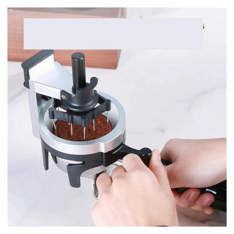 Real Talk This Rotating Espresso Coffee Distributor Hits Different With Twelve Precision Needles in use leveling ground coffee.