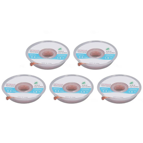 Premium Solder Wick Braid 5-Piece Copper Desoldering Wire Kit displayed in five spools for PCB repair, 1.5m length, 3.5mm width.