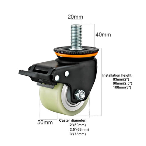 Beefy Heavy Duty M Threaded Stem Swivel Caster Wheels With Brakes Quiet PU Wheels for Furniture Workbench detail view