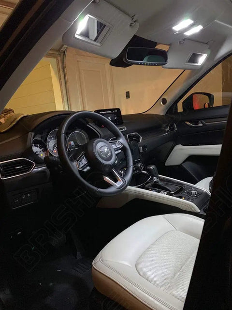 Mazda CX5 interior with white LED light kit showing map and dome lights, 6000K bulbs fits 2013 to 2022 models