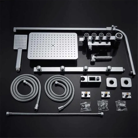 Golden White Wall Mounted Shower System With Rainfall Head And Massage Jets Solid Brass Swivel Spout assembly components laid out.