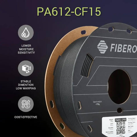 Fiberon PA612 CF15 Carbon Fiber Nylon Filament 1.75mm Black 0.5kg spool for high-strength 3D printing with low moisture sensitivity