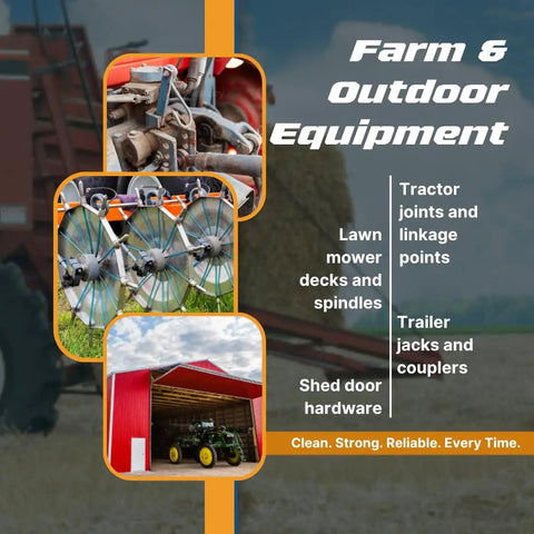 Farm and outdoor equipment with tractor, lawn mower, and shed featuring Heavy Duty Lithium Grease 2-Pack Squeeze Tubes Waterproof Tough As Nails Lubricant For Automotive Marine Trailer And Home Use, 16 Oz Total, All Purpose Metal To Metal Lubricant For Rust Protection And Smooth Operation.