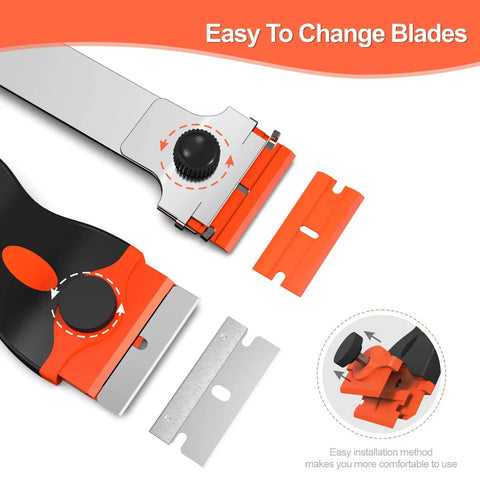Close-up of Three Pack Razor Blade Scraper Set With 60 Blades Long Handle Double End Plastic Scrapers And Metal Blades For Glass