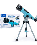 Beginner Kids Telescope For Astronomy With 10x To 50x Adjustable Magnification, Easy Setup For Stargazing And Planet Viewing, Kid Friendly Home Or Classroom STEM Gift For Ages 7 Plus, blue tabletop telescope on tripod with box