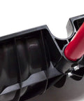 Close-up of the Beast Of A Snow Shovel With Wide Scoop And Fiberglass D-Grip For Driveways, showing red handle and black scoop attachment