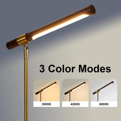 LED Wood Grain Desk Lamp With Wireless Charger And USB Port For Home Office showing 3 color temperature modes.