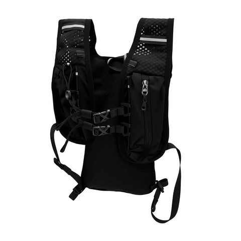 Front view of Hydration Vest Pack With Breathable Nylon Water Bladder Compatible Adjustable Chest Straps Multiple Pockets Lightweight Black Gear