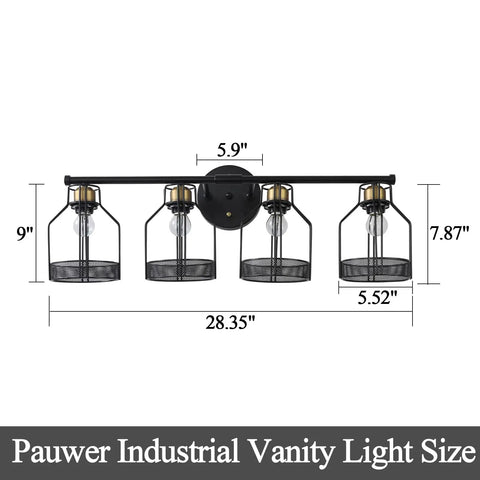 Industrial Farmhouse 4 Light Vanity Sconce With Vintage Edison Bulbs Black Metal Cage Shade dimensions diagram