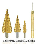 Knockout HSS Steel Step Drill Bits Set includes 4-12/20/32mm sizes and precision center punch for fast garage jobs.