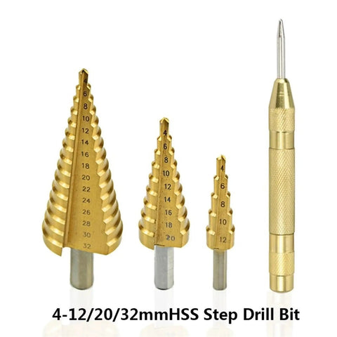 Knockout HSS Steel Step Drill Bits Set includes 4-12/20/32mm sizes and precision center punch for fast garage jobs.