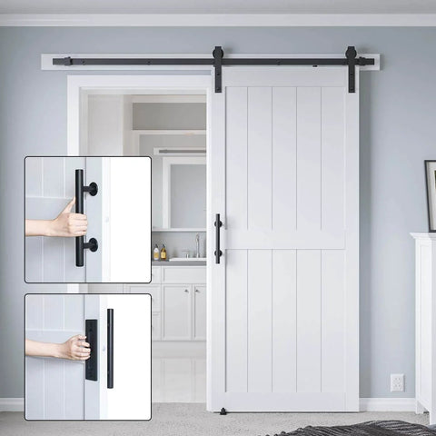 36-Inch By 84-Inch MDF Sliding Barn Door With 6.6-Foot Hardware Kit And Handle, shown installed in a living space.