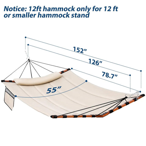 12Ft Two Person Hammock With V Shaped Hardwood Spreader Bar And Nylon Rope For Outdoor Chill On Patio Garden Backyard Beach Poolside 450Lb Capacity 55In By 79In Beige