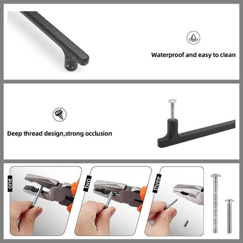 Installation steps for 5 Inch Cabinet Pulls Matte Black Zinc Alloy Drawer Pulls 10 Pack Solid Cabinet Hardware showing screw-in process.