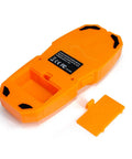 Wall Stud Finder Scanner LCD Display Electric Portable in bright orange with an open battery compartment.