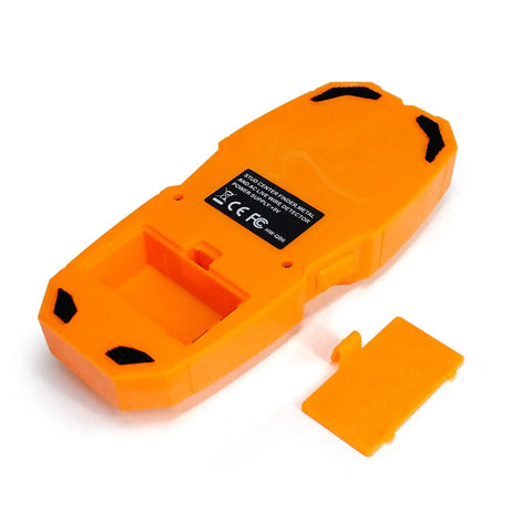 Wall Stud Finder Scanner LCD Display Electric Portable in bright orange with an open battery compartment.