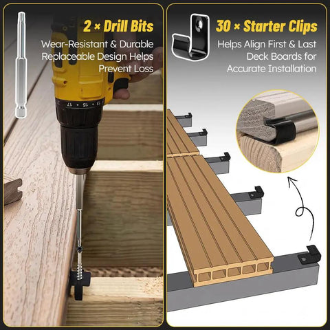 Heavy Duty Hidden Deck Fasteners For Every Composite Decking Board With No Sweat Grooved Clipping Kit For Smooth Outdoor Install showing drill bits and starter clips.