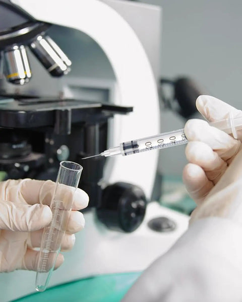 Disposable Syringe 30G 1ml U-100, 5/16 Inch 8mm, used in lab setting next to microscope with gloved hands
