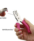 Person holding a Two Pack Handheld Paper Hole Punch Set with pink soft silicone grips showing close-up of paper holder feature.