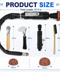 Heavy Duty Tire Patch Tools Kit With 2500 RPM Air Buffer including scraper, buffing wheels, roller, wire brush, and air pipe, size details