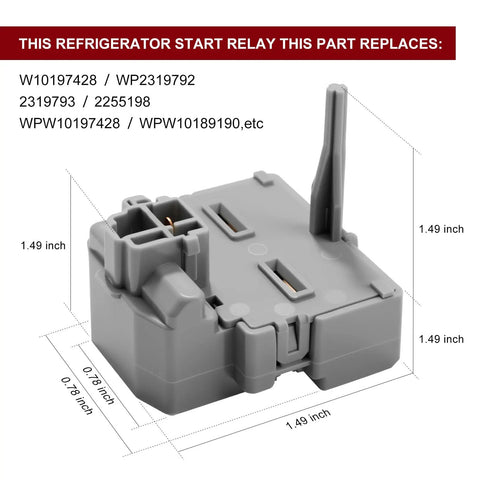 Gray Refrigerator Start Device Relay And Run Capacitor Kit For Whirlpool Kenmore Models with product dimensions.