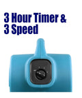 Heavy Duty Industrial Air Mover And Carpet Dryer Fan, Sleek Adjustable Utility Blower showing 3 speed settings and 3 hour timer control.