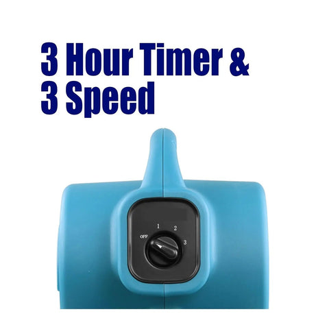 Heavy Duty Industrial Air Mover And Carpet Dryer Fan, Sleek Adjustable Utility Blower showing 3 speed settings and 3 hour timer control.