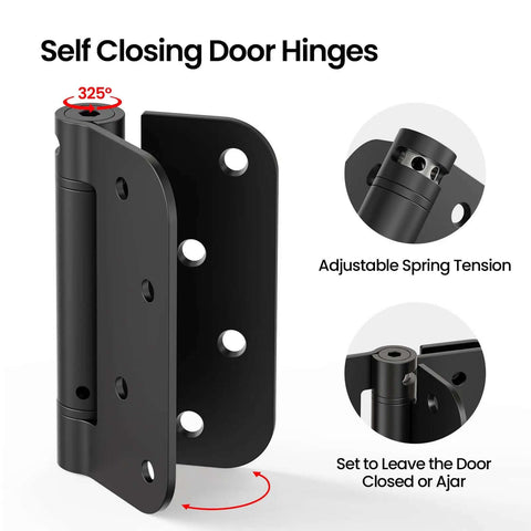 Self Closing Door Hinges 4 Inch Matte Black Spring Loaded Five Eighth Inch Radius Corners Adjustable Tension