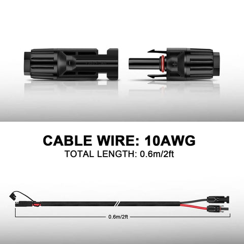 Two Foot Solar Panel Connector Cable With 10AWG SAE To Male And Female Adapters, PV Extension Wire For RV Caravan Campers