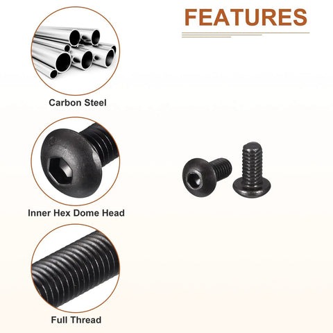 Solid As A Rock M2.5 Carbon Steel Button Head Socket Cap Screws 100 Pack Full Thread Hex Drive Fasteners Black Oxide Finish, showing full thread and hex dome head.