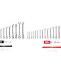 Flex Head Ratcheting Wrench Set With Modular Organizer, 34-piece inch and metric kit displayed in order with labels and organizers.