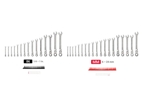 Flex Head Ratcheting Wrench Set With Modular Organizer, 34-piece inch and metric kit displayed in order with labels and organizers.