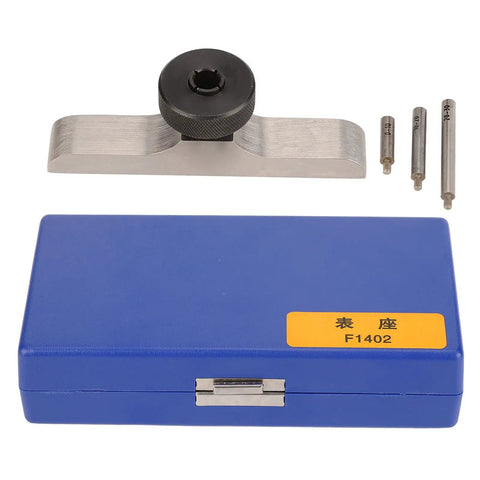 Stainless Steel Depth Dial Indicator Base With 8mm Clamping Hole For Precision Machining Tool Setup, shown with extension rods and case.