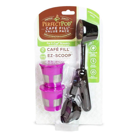 Cafe Fill Value Pack With Reusable K Cup Filters And Scoop For Keurig Brewers, 1-Stream Pod in packaging with purple filters and black scoop