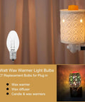15W C7 Replacement Bulbs For Wax Warmers Night Lights Salt Lamps And Candle Warmers 120V Dimmable Warm White Ideal For Himalayan Salt Lamps And Plug In Warmer Diffusers 15 Pack No Fuss, showcasing a lit plug-in wax warmer.