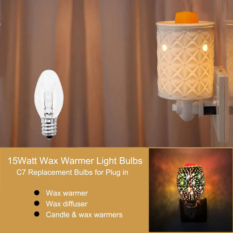 15W C7 Replacement Bulbs For Wax Warmers Night Lights Salt Lamps And Candle Warmers 120V Dimmable Warm White Ideal For Himalayan Salt Lamps And Plug In Warmer Diffusers 15 Pack No Fuss, showcasing a lit plug-in wax warmer.