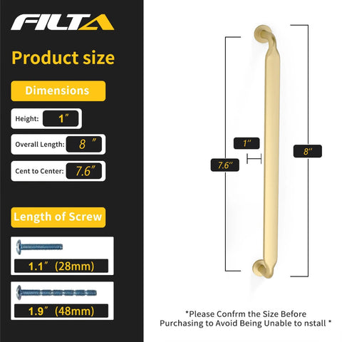 Gold Cabinet Pulls 7.5 Inch 10 Pack Zinc Alloy Handles dimensions and screw sizes
