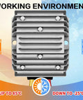Tough As Nails DC Step Down Voltage Converter 48V To 12V 20A 240W Regulator showing working environment conditions from -25°C to 85°C.