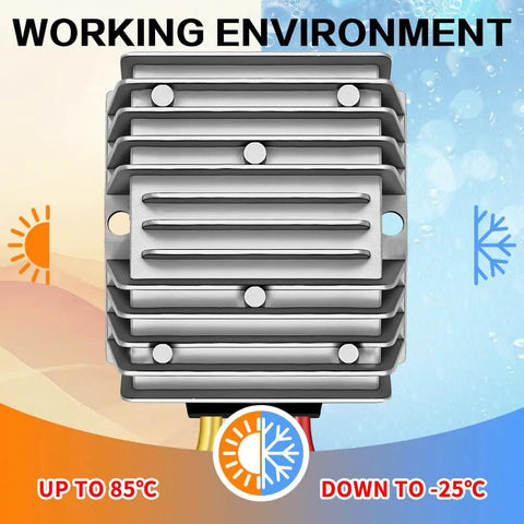 Tough As Nails DC Step Down Voltage Converter 48V To 12V 20A 240W Regulator showing working environment conditions from -25°C to 85°C.
