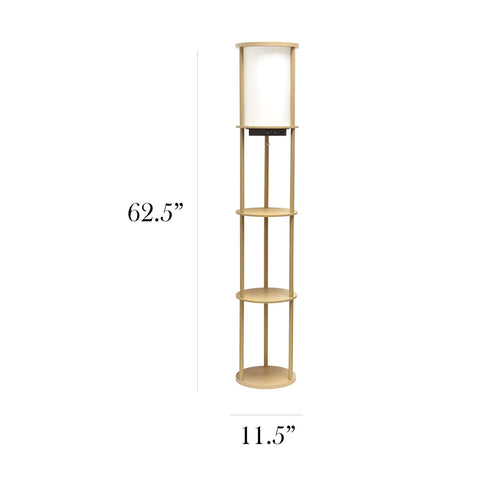 62.5 Inch Round Modern Shelf Etagere Floor Lamp With USB Ports And Outlet Linen Shade In Soft Light Pink Finish Tall Storage Organizer