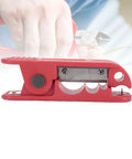 Slick Wire Stripping Machine With Hella Reliable Crimping And Smooth 360 Degree Rotation For Network Cables and Scrap Wire Repair Projects, red tool shown from the side.