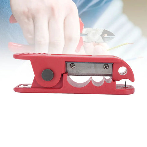 Slick Wire Stripping Machine With Hella Reliable Crimping And Smooth 360 Degree Rotation For Network Cables and Scrap Wire Repair Projects, red tool shown from the side.