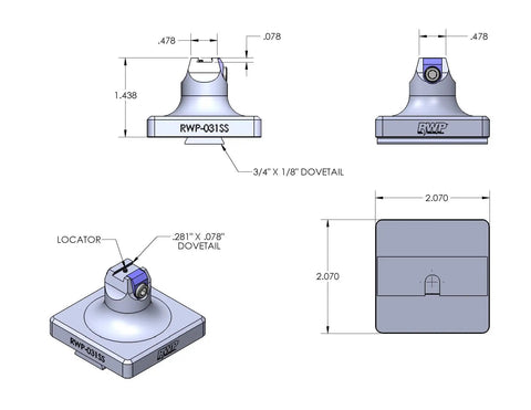 Technical drawing of Heavy Duty Dovetail Fixture For Four And Five Axis CNC Machining With 0.75 Inch Base and 1.438 Inch Height