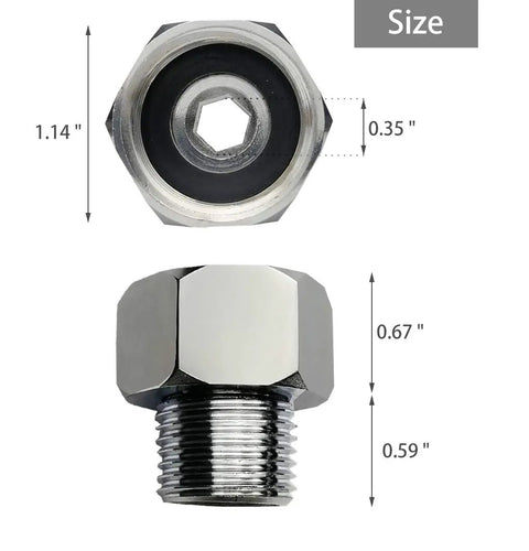 Swivel Garden Hose Adapter 3/4 GHT Female To 1/2 NPT Male Brass Fitting Chrome Finish Easy Rotating Nut For Quick Leak Free Connection From Hose To Shower And Other Outdoor Water Accessories, front view with size dimensions