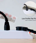 Low Profile Flat Plug 2Ft Extension Cord With 14AWG 15A 125V 1875W in use, showing compact design against power strip.