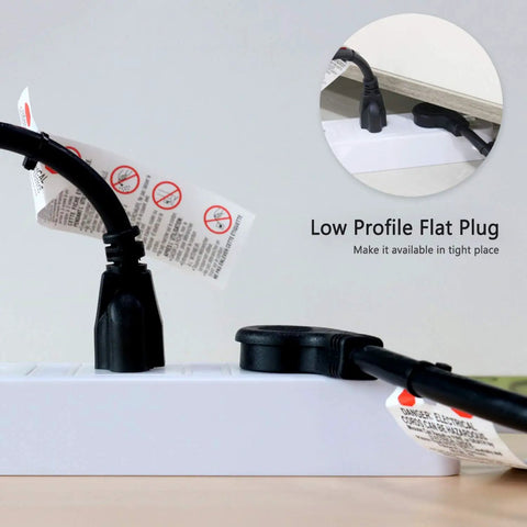 Low Profile Flat Plug 2Ft Extension Cord With 14AWG 15A 125V 1875W in use, showing compact design against power strip.