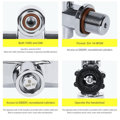 Universal Yoke And DIN Valve Adapter For 3500 PSI Scuba Tanks G3/4 14NPSM High Pressure Brass Converter close-up details